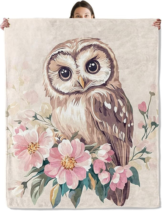 Sweet Owl Blanket, Cozy Flannel Charming Owls and Pink Flowers Throw Blanket for Couch Outdoor, Plush Soft Lightweight Travel Blankets for Bed Decor and Gifts, for Women Adults Kids 50"x60"
