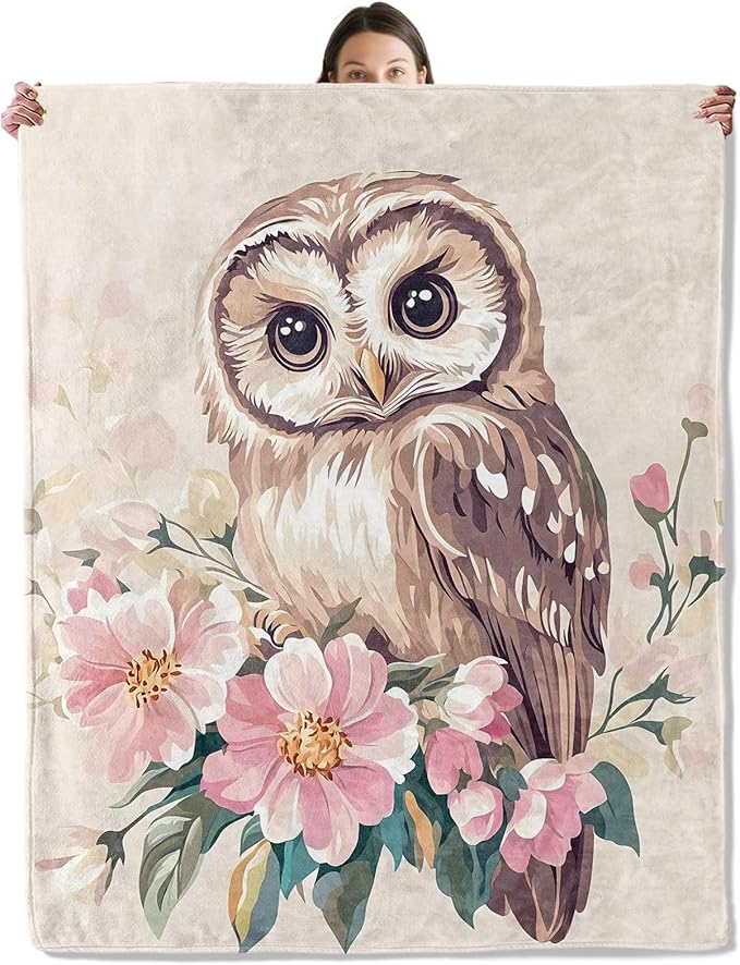 Sweet Owl Blanket, Cozy Flannel Charming Owls and Pink Flowers Throw Blanket for Couch Outdoor, Plush Soft Lightweight Travel Blankets for Bed Decor and Gifts, for Women Adults Kids 60"x80"
