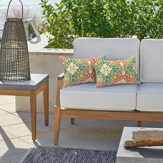 LVTXIII Set of 2 Outdoor Lumbar Pillows for Patio Furniture with White Piping, 12"x20" Fade Resistant Patio Lumbar Pillows with Inserts for Home Coach Sofa Use, Geometric Orange