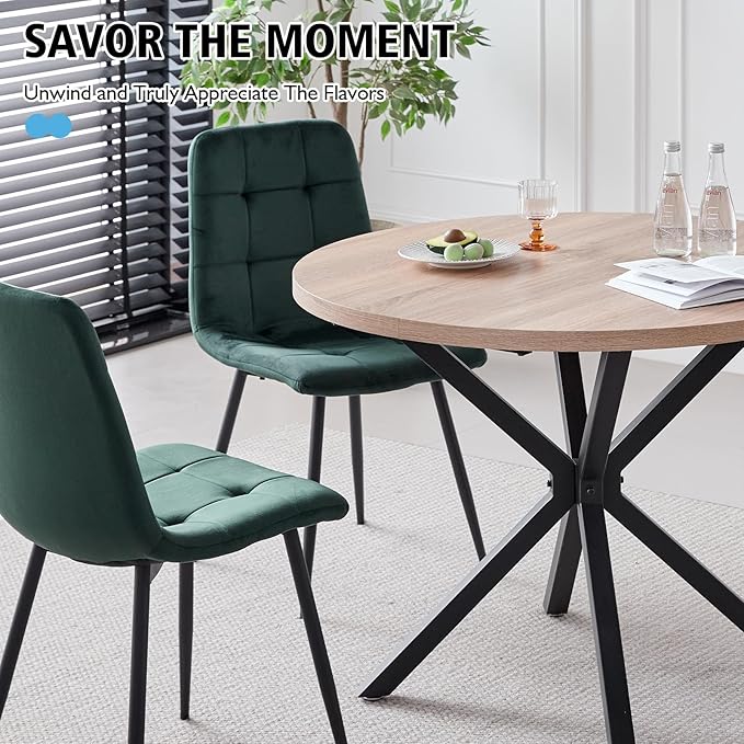 39" Round Dining Table Set for 4, Mid Century Kitchen Table with 4 Green Velvet Upholstered Dining Chairs for Apartment Living Room Space Saving
