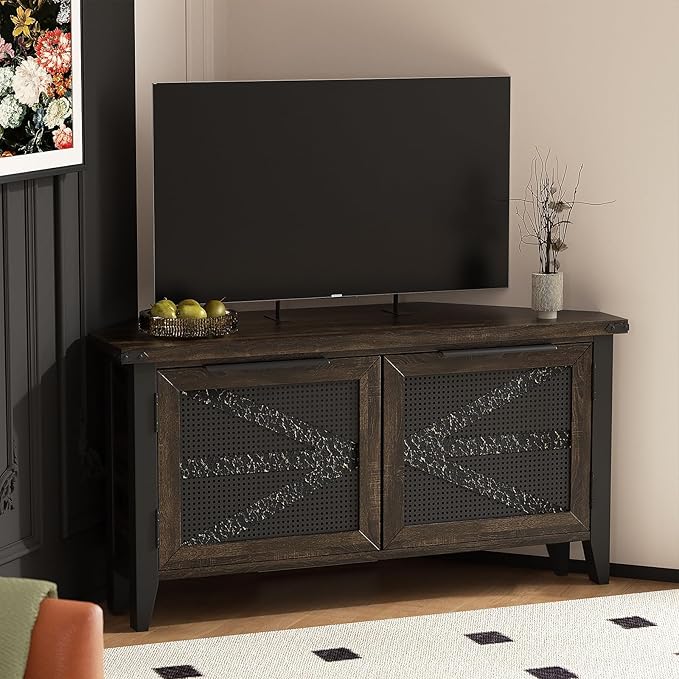 VFK Farmhouse Corner TV Stand for 50 Inch TV, Rustic Entertainment Center with Storage, Space-Saving Media Console Table for Living Room & Bedroom