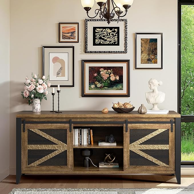 VFK 70 Inch TV Stand for TVs up to 70", Rustic Farmhouse Media Console with Sliding Barn Doors, 6 Drawers, Entertainment Center for Living Room