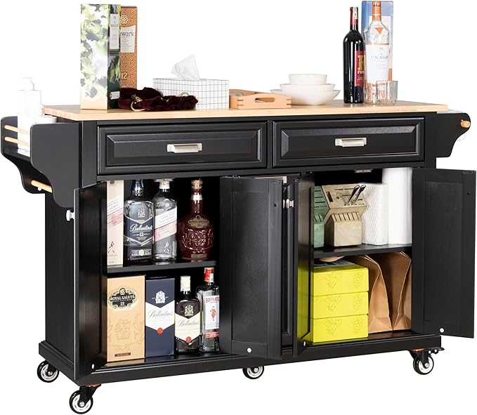 Rolling Solid Wood Kitchen Island with Rubberwood Top, 3 Drawers, 2 Cabinets, Adjustable Shelves, Spice Rack & Locking Wheels – Painted Finish, Black