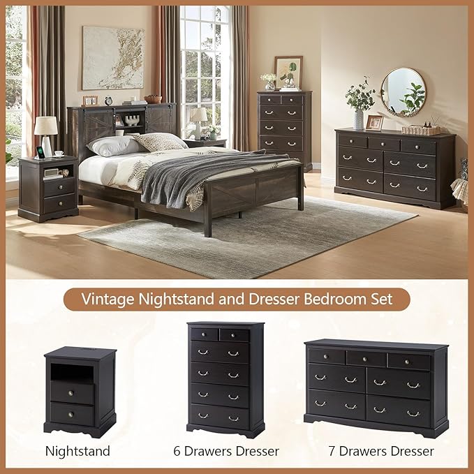 AMERLIFE Farmhouse 6 Drawers Dresser for Bedroom, Wood Antique Chest of Drawers with Metal Handle, Tall Dresser Organizer for Hallway, Entryway, Espresso