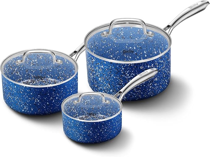 Nonstick Premium 3-Piece Saucepan Set with Glass Lids, Natural Durable Granite Coating, Nonstick, Durable & Oven Safe to 450°F, 1&2&3QT, Blue