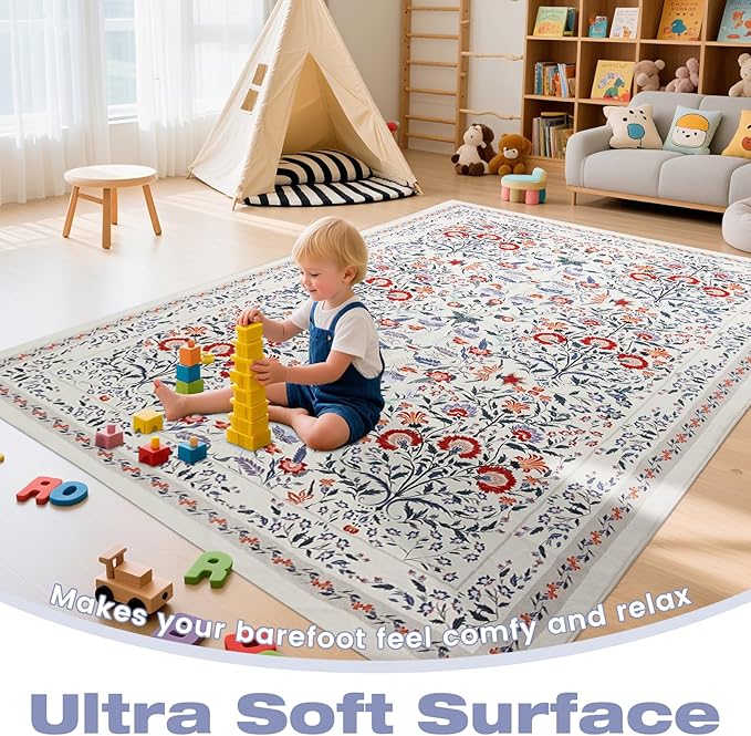 Area Rug Living Room Rug, 8X10 Rugs for Living Room Floral Boho Low Pile Super Soft Washable Rug, Stain Resistant Indoor Floor Non-Slip Carpet for Bedroom Bedside Dining Room Kitchen Nursery, Beige