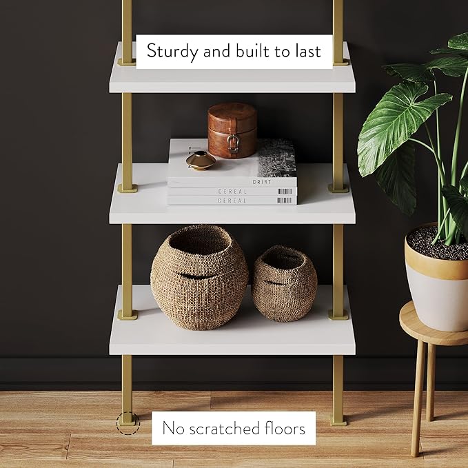 Nathan James Theo 5-Shelf Gold, Ladder Bookcase with Gold/Brass Metal Frame, White, Set of 3