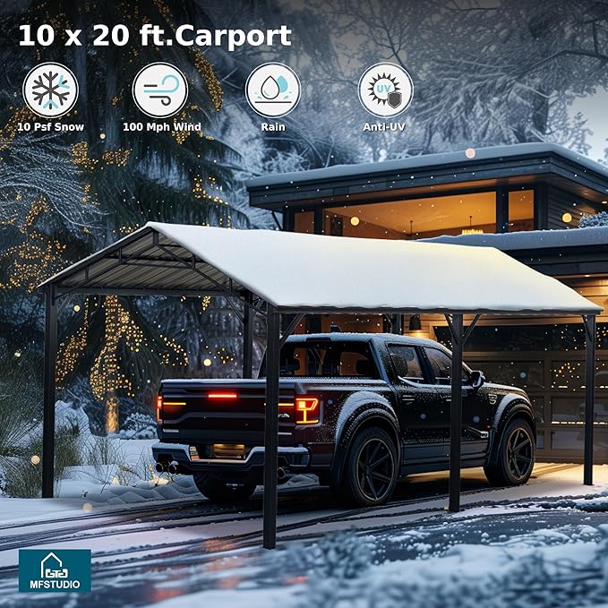 MFSTUDIO Carport 10x20 ft, Outdoor Heavy Duty Metal Shed Carports, Metal Garage Car Shelter Shade Car Port with Galvanized Roof, Frame and Bolts for Cars, Truck and Boats