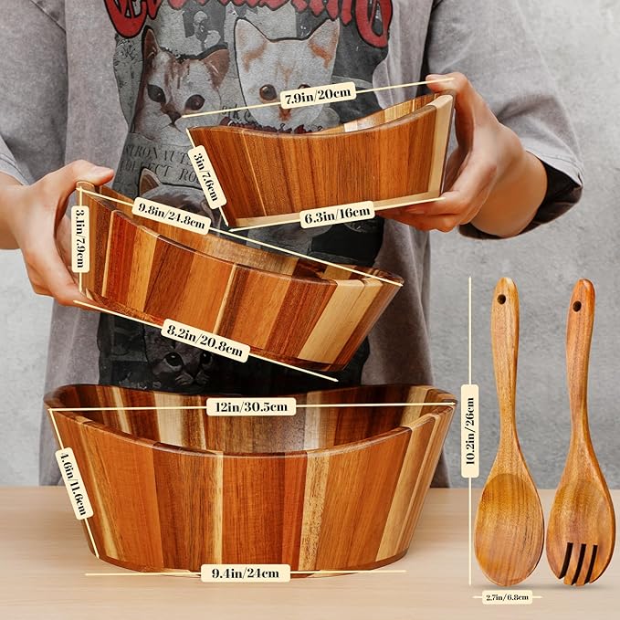 Yunlly Wooden Salad Bowl Set of 5 - Large Fruit Mixing Bowls with Salad Servers Utensils for Serving Dining Accessory - Handmade - Acacia Wood - Large 12", Medium 10", Small 8" (Wavy Design)