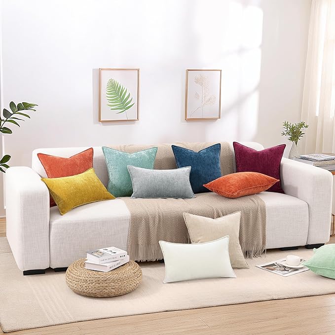 decorUhome Fall Couch Throw Pillow Covers 16x16 Set of 2, Decorative Soft Euro Neutral Chenille Pillow Covers with Elegant Design for Sofa Bed Living Room Home Decor, Rust