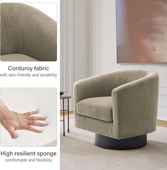 Swivel Barrel Accent Chair, Modern Round Corduroy Fabric Arm Chair for Living Room, Bedroom, Comfy Club Reading Chairs for Adults (Corduroy Camel, Set of 1)