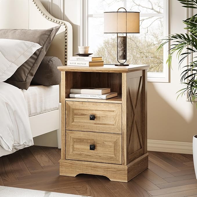 Farmhouse 2 Drawers Dresser for Bedroom, Rustic Small Chest of Drawers with Charging Station, Wood End Table with Open Shelf, Modern Nightstand for Bedroom, Living Room, Entryway, Natural Oak
