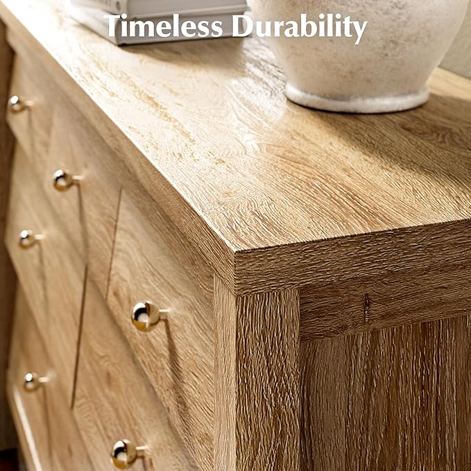 7 Drawers Dresser with Beveled Panel, Farmhouse Chest of Dressers for Bedroom, Wood Dresser TV Stand, Drawer Organizer for Bedroom, Living Room, Hallway, Natural Oak