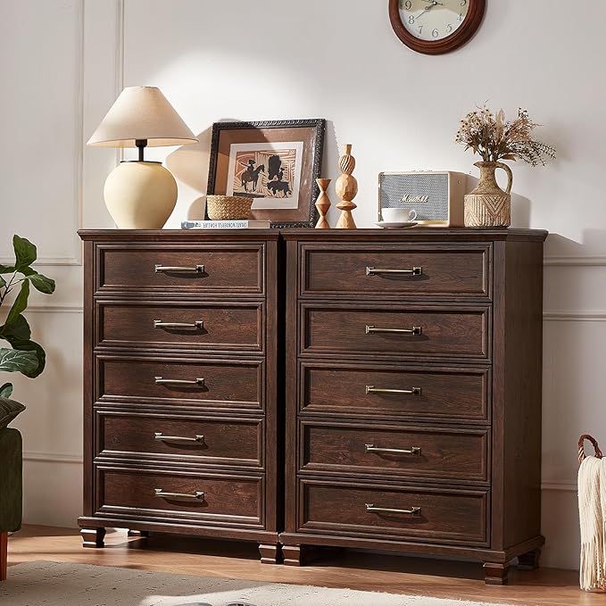 Farmhouse 5 Drawer Dresser for Bedroom, 45” Tall Dresser for Closet, Rustic Wooden Chests of Drawer for Bedroom, Hallway, Entryway, Walnut