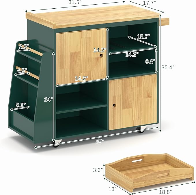 NSdirect Kitchen Island Cart,Kitchen Bar&Serving Cart Rolling on Wheels with Spice Rack Towel Holder Utility Storage Trolley with Storage Drawers,Green