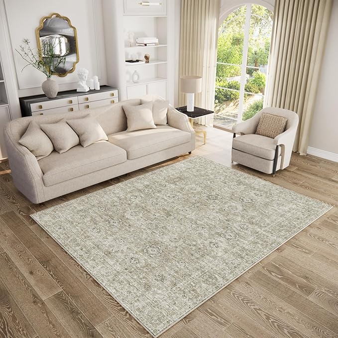 Washable Area Rugs 5'x7' Non-Slip Vintage Boho Distressed Fade Resistant Low Pile Carpet for High-Traffic Living Room, Bedroom & Dining Room