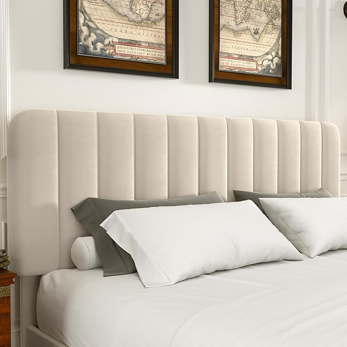 VECELO Full Size Upholstered Bed Frame with 4 Drawers and Headboard, Velvet Platform Storage Bedframe, Wooden Slats Support, No Box Spring Needed,Beige