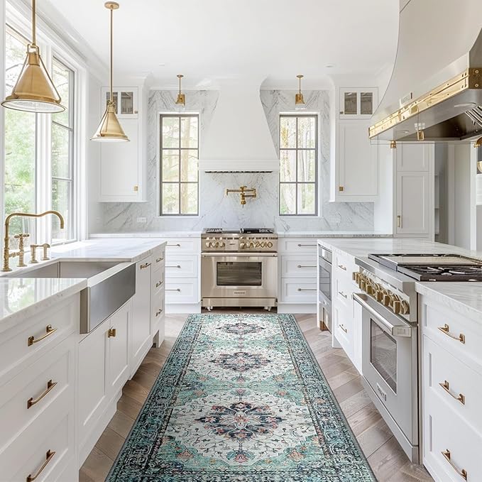 Area Rugs 2'x8' Washable Non-Slip, Floral Vintage Distress Print Pattern Medallion Carpet for Living Room Bedroom Dining Room, Green Navy Blue White Red Teal Colorful