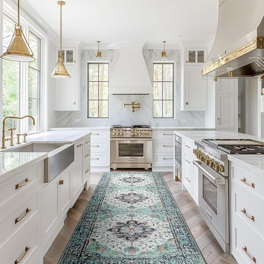 Area Rugs 2'x8' Washable Non-Slip, Floral Vintage Distress Print Pattern Medallion Carpet for Living Room Bedroom Dining Room, Green Navy Blue White Red Teal Colorful