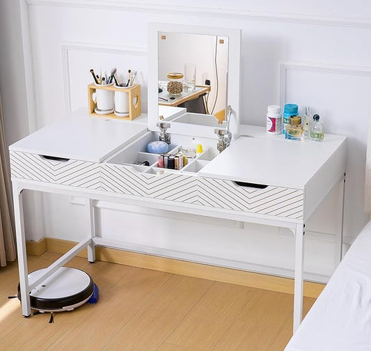 TEKAMON 47" Makeup Vanity Desk with Mirror，Girls Vanity Dressing Table for Bedroom, Wood Home Office Desk with 2 Drawers, Writing Study Desk with Cable Management, White