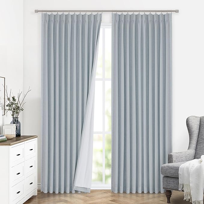 Vision Home Blue Fog Pinch Pleated Full Blackout Curtains Linen Blended Room Darkening Window Curtains 108 inch for Living Room Bedroom Thermal Insulated Pinch Pleat Drapes with Hooks 60" Wx108 Lx1