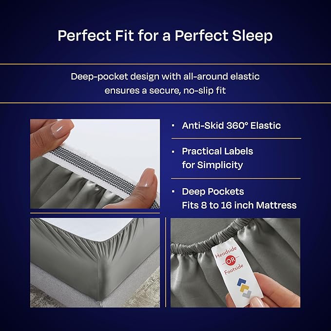 California Design Den King Bed Sheets Set - Luxury 1000 Thread Count Sateen, Thick and Natural 100% Cotton Sheets, Deep Pockets, Soft, Breathable and Durable Bedding Set - Grey