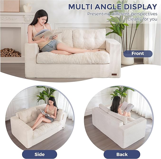 MAXYOYO Bean Bag Chair for Adults, Upholstered Floor Sofa with Armrests, Loveseat Boneless Couch with Tufted Cushion & Backrest, Sofa in A Box, Large Bean Bag Couch for Bedroom Living Room, Beige