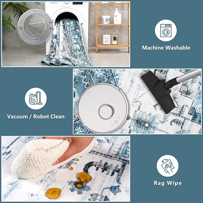 5x7 Area Rugs for Living Room, Non Slip Vintage Floral Rug for Bedroom Dining Room, Low Pile Indoor Carpet for Nursery, Kitchen, Office Home Decor, Blue