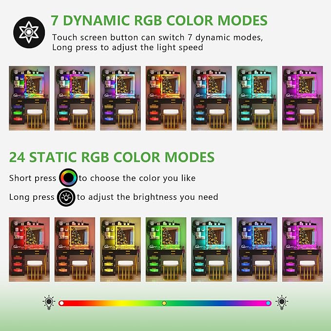 HENBC Vanity Desk with Sliding Mirror and Glass Desktop, LED Vanitys Mirror with RGB Lights Desk and Chair, Dressers Table Set with Charging Station/Makeup Organizer/6 Drawers for Bedroom(Black)