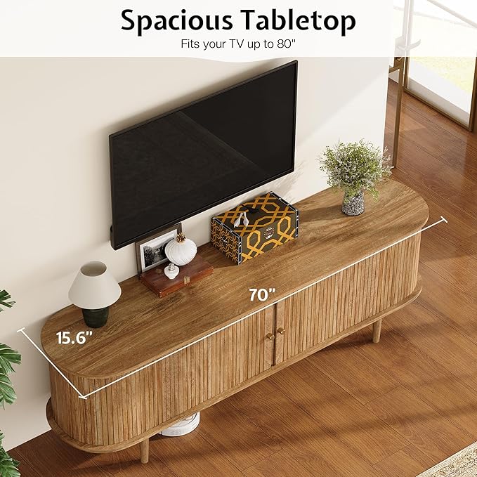 70" TV Stand with Tambour Door, Mid Century Modern TV Console with Solid Wood Legs for TVs up to 80", Fluted Entertainment Center with Dust-Proof Storage for Living Room, Natural Oak