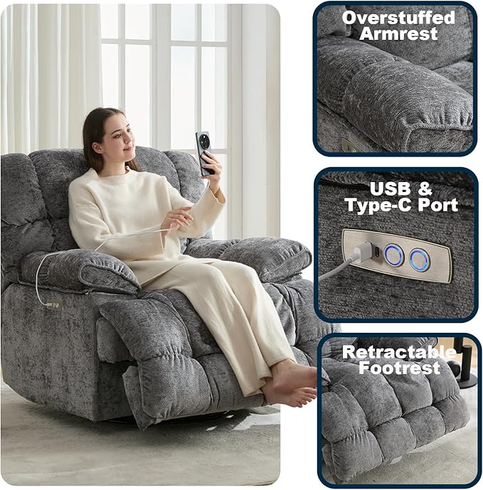 GINGO Power Oversized Recliner Chair, Extra Wide Swivel Rocking Recliner Chair, Breathable Soft Fabric Modern Single Sofa for Living Room, 90°-140° Electric Adjustable Angle, USB & Type-C Port, Gray