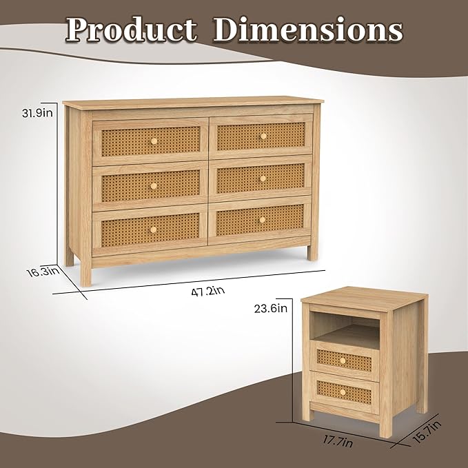 Farmhouse Bedroom Set, 3 Pieces Bedroom Furniture Set, Rustic Wood 6 Drawer Dresser and Nightstands, Chest of Drawers Wide Storage Organizer Cabinet for Bedroom, Light Rustic Naturanl