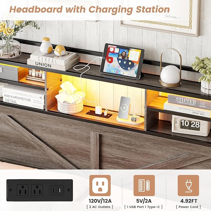 Headboard for Queen Size Bed with Storage, Headboards with Power Outlets and RGB LED Light, Sturdy Queen Size Headboard, Stable Head Board with Bed Adapter for Bedroom/Dorm/Guest Room