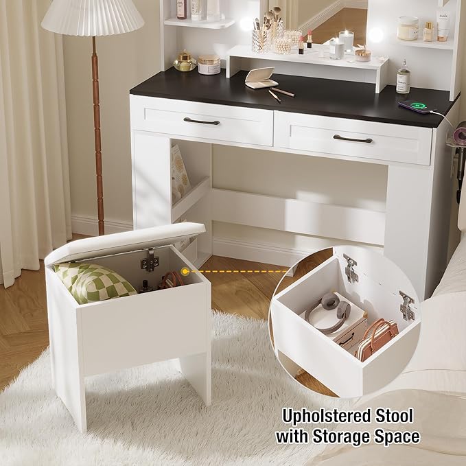 KAMABOKO Farmhouse Vanity Desk with Mirror and Lights, Large Makeup Vanity Table with 2 Drawers, Clear Glass Display Cabinet and Upholstered Storage Stool, Girls Vanity for Bedroom (037-Black)