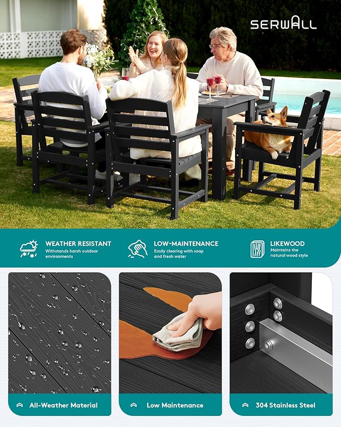 SERWALL HDPE Dining Set for 4, Outdoor Dining Sets for 4 Person with 1 Umbrella Hole Cut-Out Rectangular Table and 6 Chairs, Patio Dining Sets for Garden, Backyard, Poolside, Black