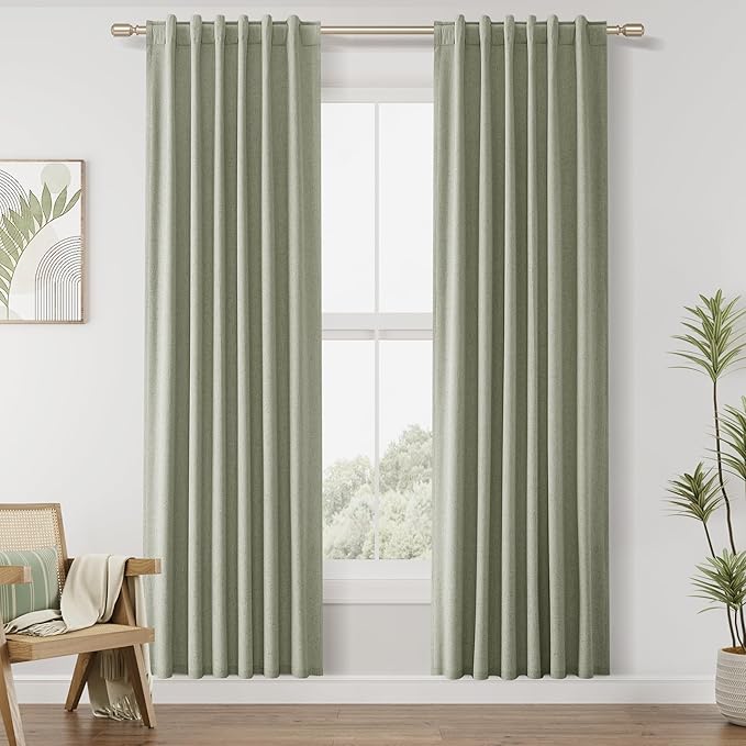 Guken 100% Blackout Linen Curtains 42 Inch Wide by 80 Inch 2 Panels Set for Living Room Bedroom Back Tab Thermal Insulated Black Out Linen Drapes Room Darkening Window Curtains, Sage Green