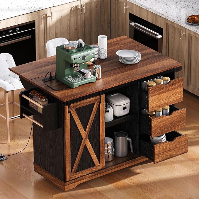 55.5" Farmhouse Kitchen Island Storage Cart with Drop Leaf, Sliding Barn Door, Power Outlet, Spice Rack & 3 Drawers, Rolling Kitchen Cart on Wheels for Kitchen, Dining Room, Black