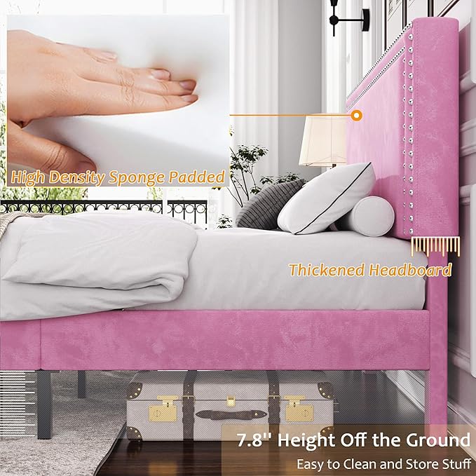 VECELO Full Size Bed Frame with Adjustable Upholstered Headboard, Wooden Slats Platform, Noise-Free Design, Easy Assembly