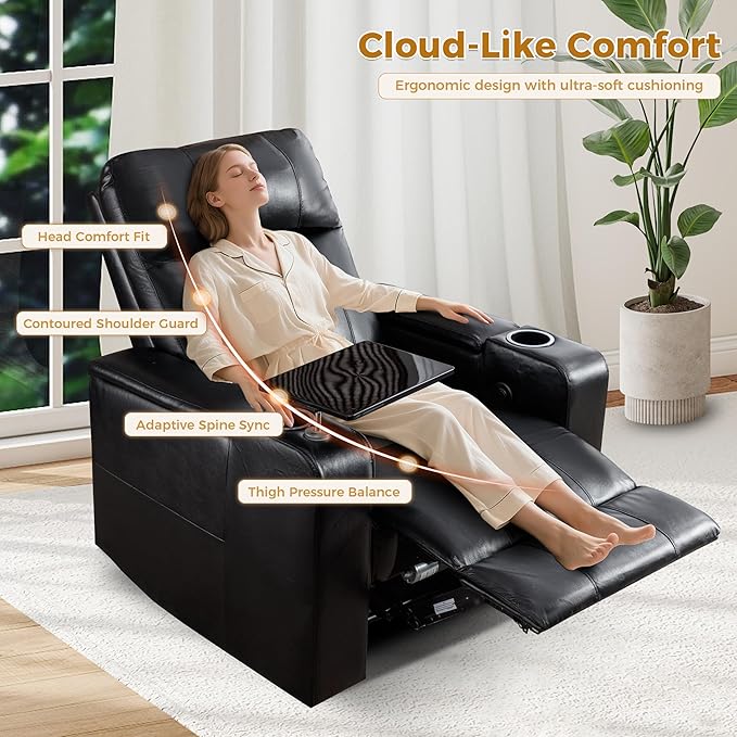 ANJ Black Power Recliner Chair Electric Home Theater Seating Soft Leather Movie Chair for Living Room Overstuffed Single Reclining Sofa with Hidden Arm Storage, Cup Holders and USB Ports (Black)