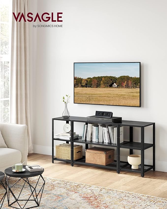 VASAGLE TV Stand for 65 Inches TVs, Industrial Entertainment Center, Modern TV Console with Open Storage Shelves for Living Room, Bedroom, Black ULTV105B22