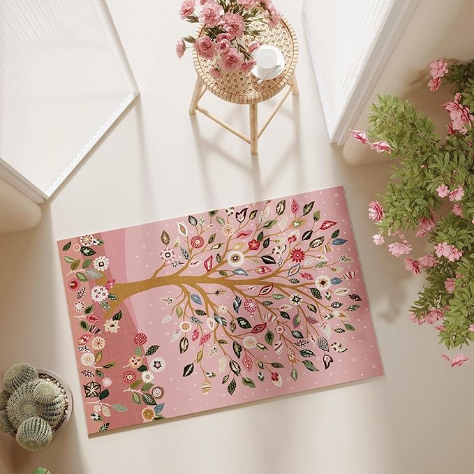 Door Mat Indoor Entrance 2x3 Rug Floral Tree Machine Washable Small Area Rug Bohemian Non-Slip Low Pile Throw Rugs for Entryway, Kitchen, Front Door Indoor Entrance, Entry, Kids Room, Pink