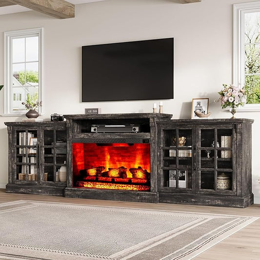 97" Farmhouse TV Stand with 33" Fireplace for TVs up to 100", Media Entertainment Center with Large Storage Cabinet and Adjustable Shelves for Living Room, Rustic Black