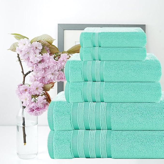 CASA COPENHAGEN Zero Twist, 6 Pieces Set 100% Cotton 0" Twist Towel Set- Aqua Blue, 600 GSM, 2 Bath, 2 Hand, 2 Washcloths Made from Egyptian Cotton, Ultra Soft Luxury Towels for Bathroom.