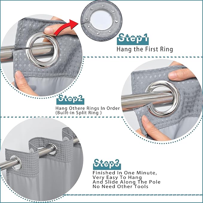 Conbo Mio Extra Wide No Hook Waffle Weave Shower Curtain with Snap in Liner Set, 108" x 74" Hotel Luxury Grey Shower Curtains for Bathroom with See Through Top Window, Waterproof, Washable 108W x 74H