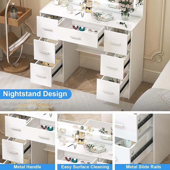 Vanity Desk with Mirror and LED Lights, 40" W Makeup Vanity Desk with 7 Drawers and Super Large Mirror, Derssing Table with 3 Color Modes and Adjustable Brightness, Modern Makeup Table