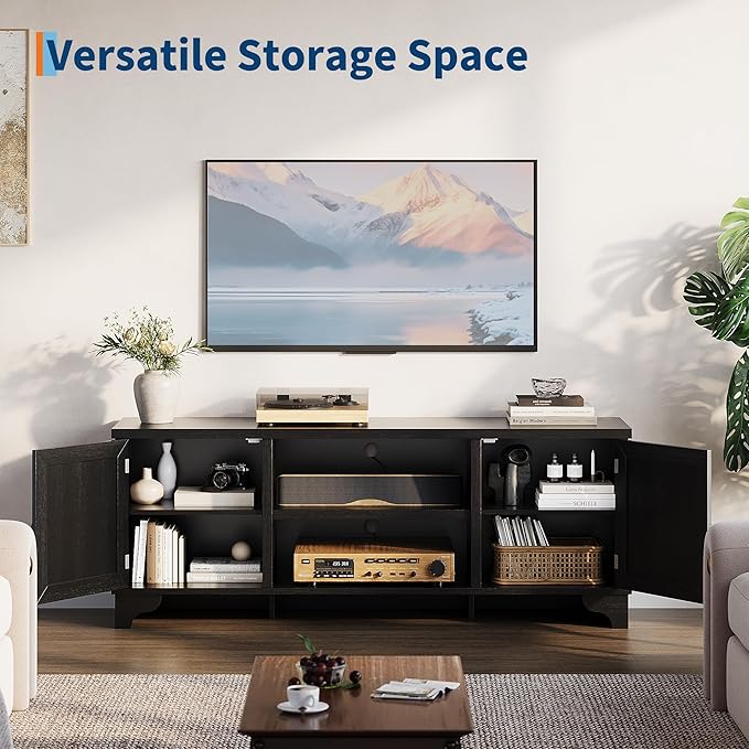 GAOMON Rattan TV Stand Fits TVs Up to 70 Inches, Farmhouse Entertainment Center with Cabinets and Open Shelves, Wooden Media Console Table for Living Room, Black