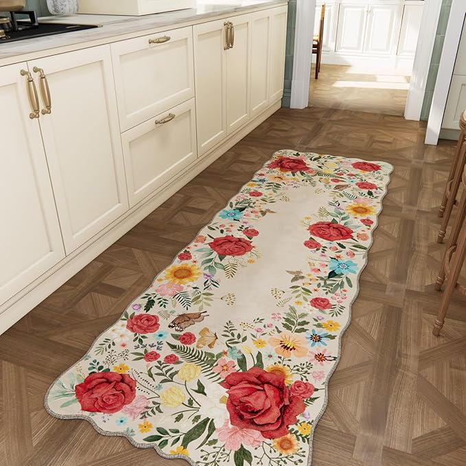 Kitchen Rug 2'x 6' Washable Floral Washable Runner Rugs Non Slip Boho Vintage Low Pile Carpet for Hallway, Entryway, Laundry Room, Bathroom High Traffic Areas Indoor Decor (Beige