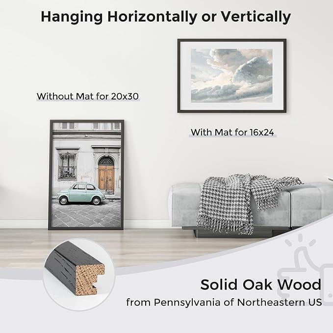 Axeman 20x30 Picture Frame with Mat for 16x24, Solid Oak Wood Poster Frame with Tempered Glass, Wooden 20''x30'' Minimalist Photo Frame with Wall Hooks Puzzle Frame, Set of 2, Black