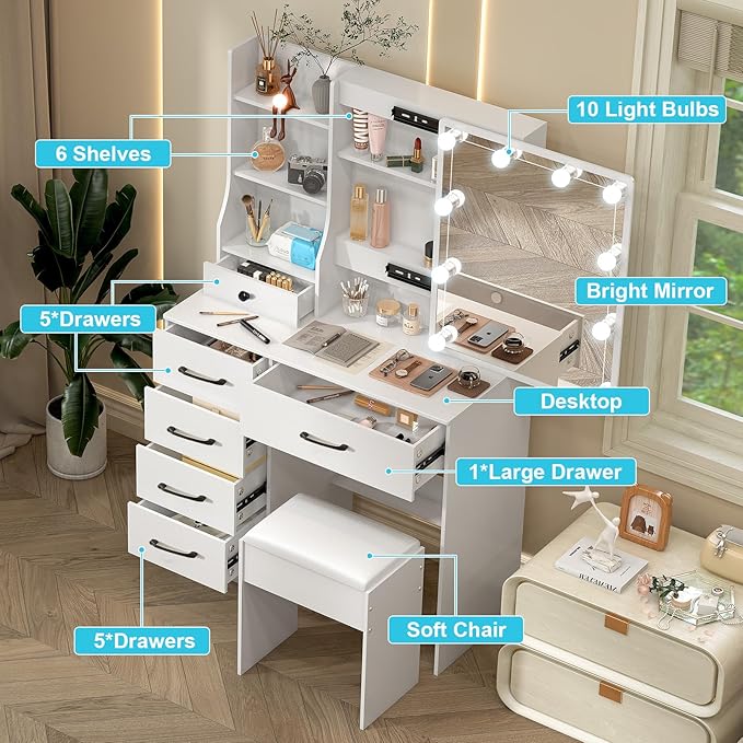 Vanity Desk with Mirror and Lights,Small Vanity with 6 Drawers 6 Storage Shelves & 10 LED Bulbs Slide Mirror,3 Lighting Colors Adjustable,White,31.5" L*14.2" W*51.2" H