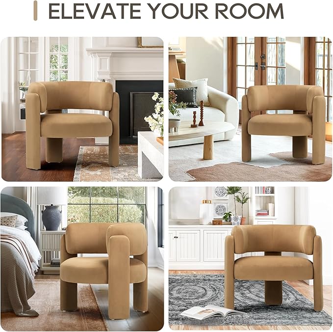 COLAMY Modern Velvet Accent Chair, Upholstered Barrel Chair, Comfy Side Arm Chair with 3 Legs for Living Room, Bedroom, Reading, Khaki